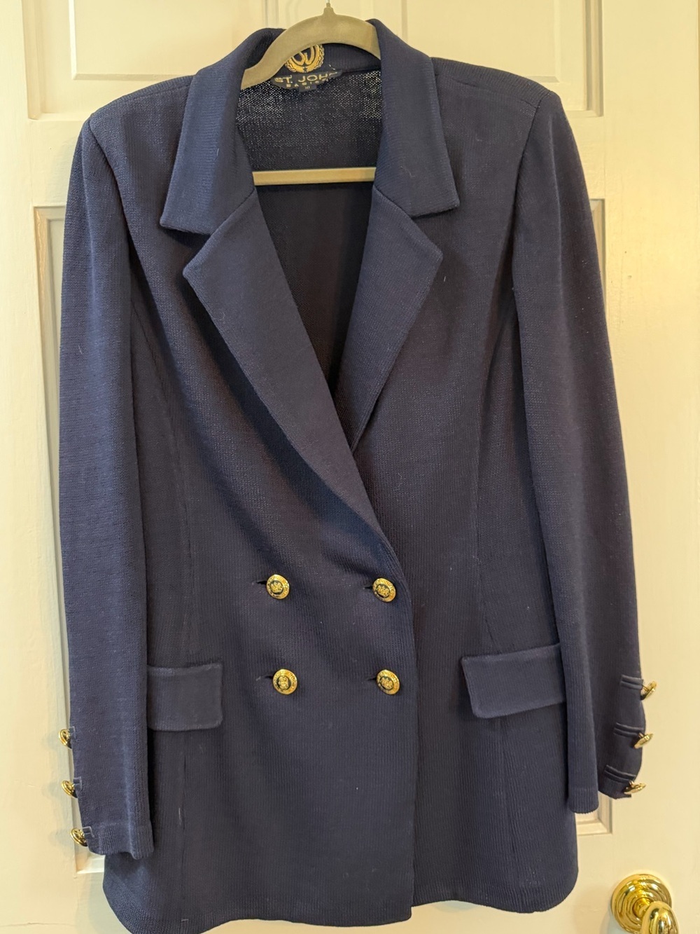 St. John Santana Knit Navy Double Breasted Gold Button Blazer Jacket Size 10